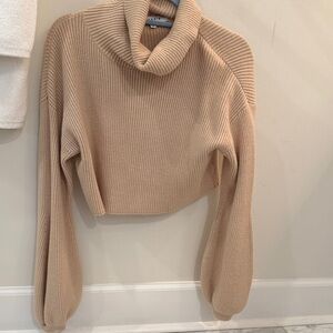 Moodie Beige Cowl Neck Cropped Ribbed Sweater